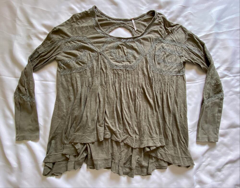 Free People Olive Sage Boho Top — Pintuck Lace Keyhole Back, Size M